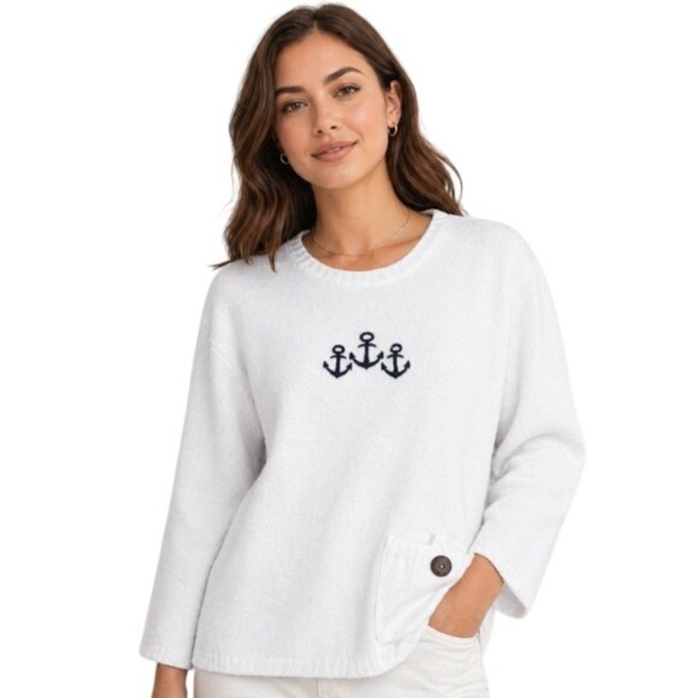 Lulu-B Womens L White Chenille Pocket Nautical Embroidered Anchor Sweater
